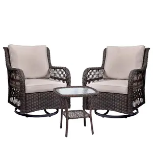 【GARVEE】Outdoor Swivel Chair Set, 3 Piece Patio Furniture Set with Glass Side,360 Degree Swivel Patio Furniture with Thick Cushions for Backyard Porch Deck Garden Beige