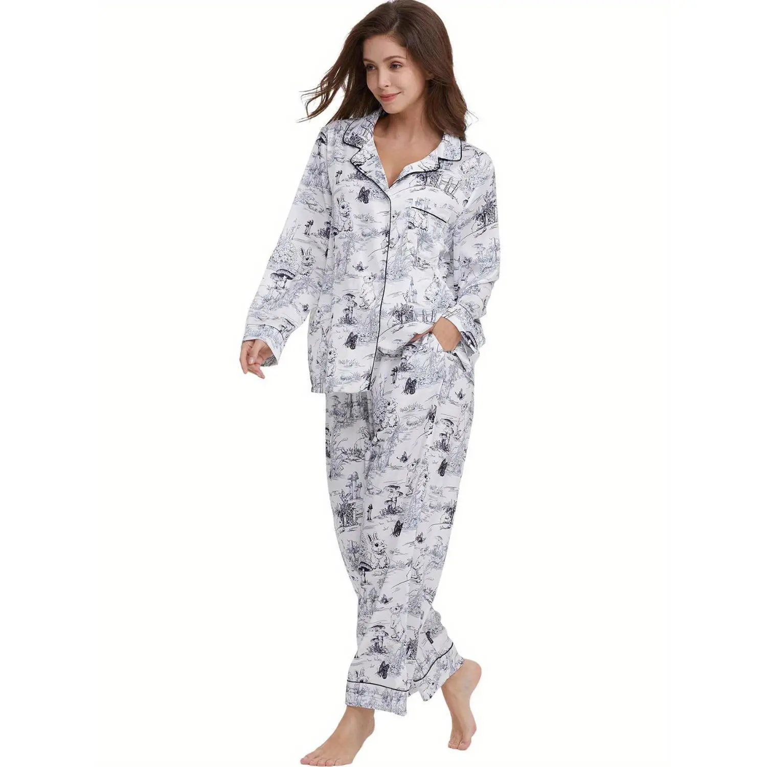 Women's Oversized Satin Pajama Set - Button-Up 2-Piece Long Sleeve Sleepwear with Pockets