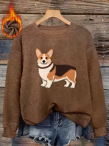 Cute Corgi Print Faux Fur Round Neck Top, Embroidered Texture Decor, Soft and Skin-Friendly, Casual Loose Fit Pullover for Fall & Winter