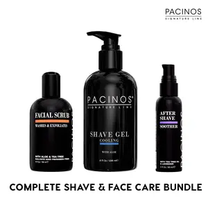 Pacinos Complete Shave & Face Care Bundle - Shave Gel, After Shave Soother and Beard & Face Scrub for Smooth Skin, Hydration and a Clean Grooming Routine
