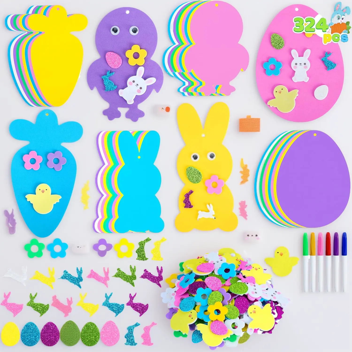 324PCS Bulk Easter Foam Stickers DIY Crafts Kit - Easter Shapes (Bunny, Chick, Egg, Carrot), Spring Theme Kids Party Favors, Dog & Cat Accessory Craft Supplies