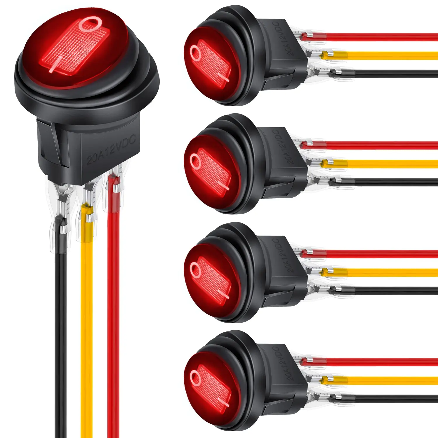 Nilight 5Pcs Waterproof Round Rocker Toggle Switch - 12V 20A 3 Pin ON Off SPST, Red LED, Locked Terminal Wires, Easy Install for Marine/Auto Vehicles (Car, Truck, Boat, RV) - Outdoor Wet Compatible