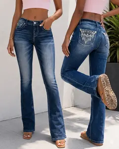 Women's Mid-Waist Slim-Fit Flare Jeans - Womenswear Bottom with Stunning Embroidered Back Pockets, Curve-Shaping Retro Bootcut Style