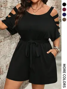 【Plus Size】 Solid Cold Shoulder Belted Romper, Casual Pocket Romper for Summer, Women's Clothes for Daily Wear