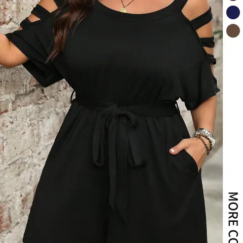 [Plus Size] Solid Basic Minimalist Batwing Cold Shoulder Round Neck Belted Beach Fitted Romper, Casual Pocket Lightweight Playsuit for Summer, Women's Clothes for Daily Wear