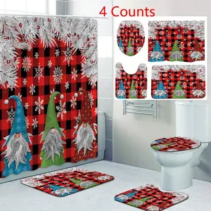 Christmas Shower Curtain Set, 4 Counts/set Including Shower Curtain & Toilet Lid Cover & Floor Mat & U-shaped Mat, Bathroom Accessories for Home Hotel