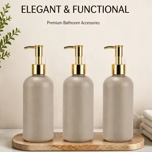 3-Piece Shower Bathroom Soap Dispenser Set, Soap Container, 8.45oz/250ML Shampoo Conditioner Distributor, Wheat Straw Color Hand Sanitizer Refillable Bottle with Gold Pump