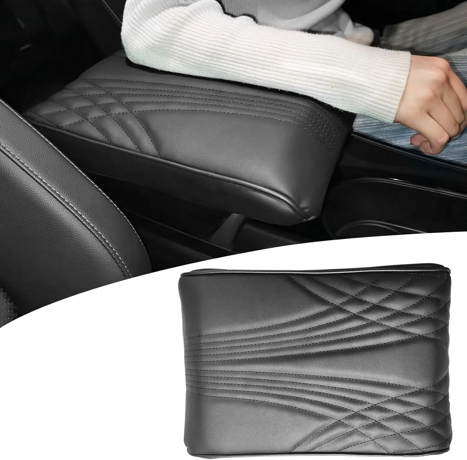 1 x Car Armrest Box Cushion - Memory Foam Microfiber Leather Height Increase Support Pad for Most Cars, Tool-Free Waterproof Center Console Cover, Elbow Relief for Long Drives (Black)