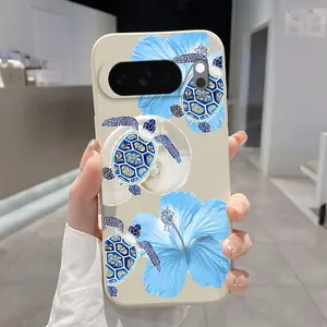 Turtle - Hibiscus - Seashell Pattern Rounded Edge Phone Case for Google Pixel 10 9 8 7 Pro A XL Shockproof Non Slip Military-Grade Protection Liquid Silicone Cover Smartphone Casing
