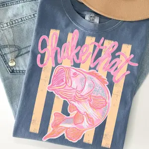 Comfort Colors Shake That Bass Shirt, Funny Fishing Quote Shirt, Pink Preppy Lake Graphic, Girly Summer Fish Shirt