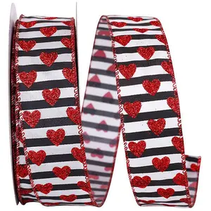 Valentine's Ribbon --- 20 yards --- 1 ½ inches -- Glitter Heart Stripes Wired Edge