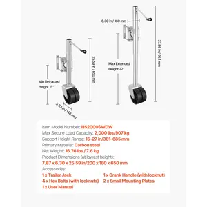 VEVOR Trailer Jack with Wheel, 2000 lbs Load Capacity, Heavy Duty Swivel Boat Trailer Jack with PP Dual Wheel Ergonomic Handle, 15-27 Inch Lift Range, Fit for RVs, Boats and Utility Trailers