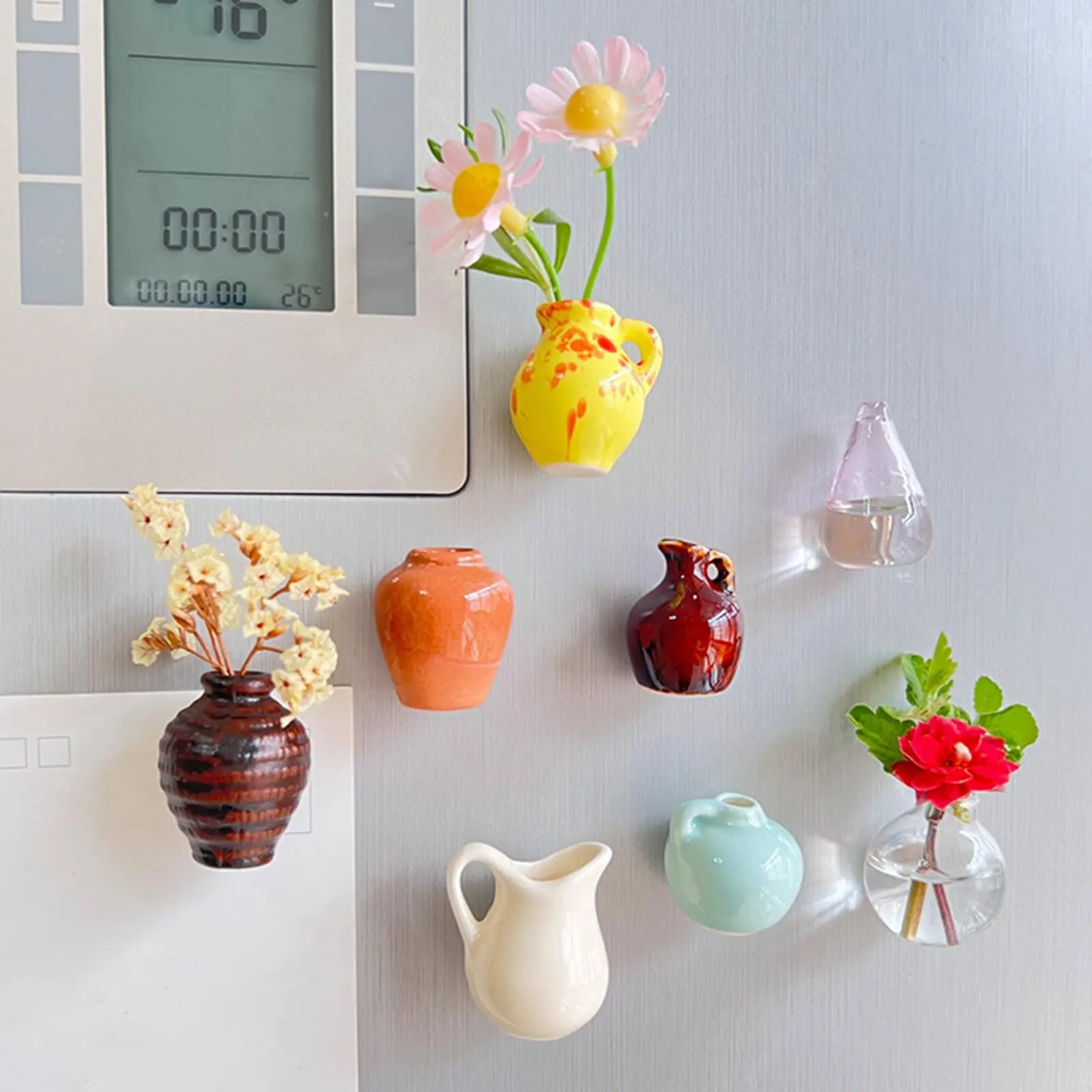 8PCS Cute Mini Ceramic Vase Magnets for Fridge, Mini Bud Vases Magnetic, Tiny 3D Plant Vase for Refr