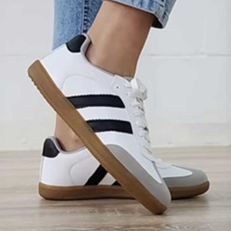 White Striped Lace-up Flat Sneakers