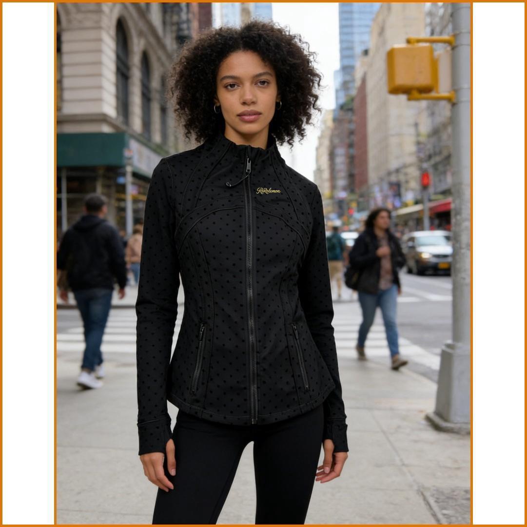 ROROLEMON Women's Yoga Outfit – Black Polka Dot Long Sleeve Jacket with Matching Leggings