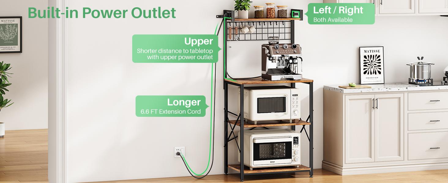 SNTD Bakers Rack with Power Outlet, Kitchen Shelves Microwave Stand with Wire Grid and 10 Hooks, 4 Tiers Coffee Stand