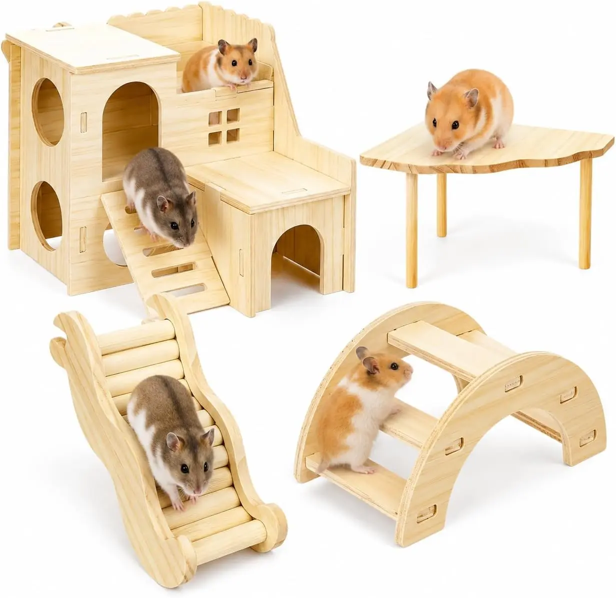 4-Piece Hamster Cage Accessories Set, Wooden Platform, Hideout Tunnel, Ladder and Climbing Playhouse for Dwarf Hamsters, Syrian Hamsters, Mice, Gerbils, Degus and Small Pets