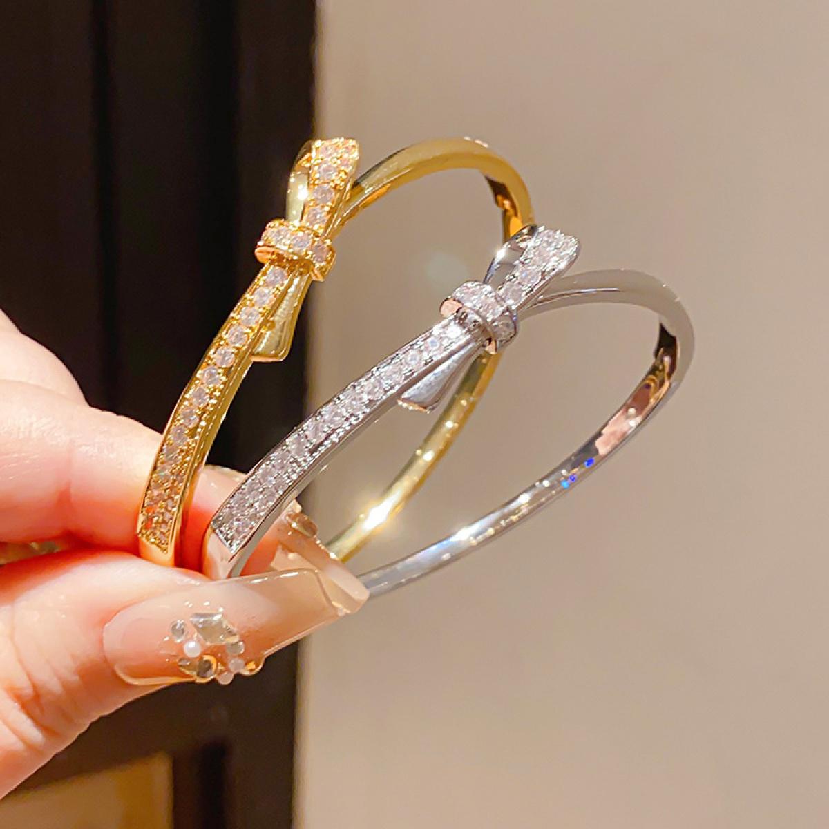 Elegant Bow-Shaped Open Cuff Bangle, Luxury Sparkle Statement Bracelet for Women, Versatile Daily Wear & Occasion Jewelry, 2 Finishes Available