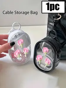 Portable Mini Transparent Zipper Storage Bag, Floral Flower Pattern, Keychain Included, Waterproof Lightweight, Large Capacity, Travel Accessories