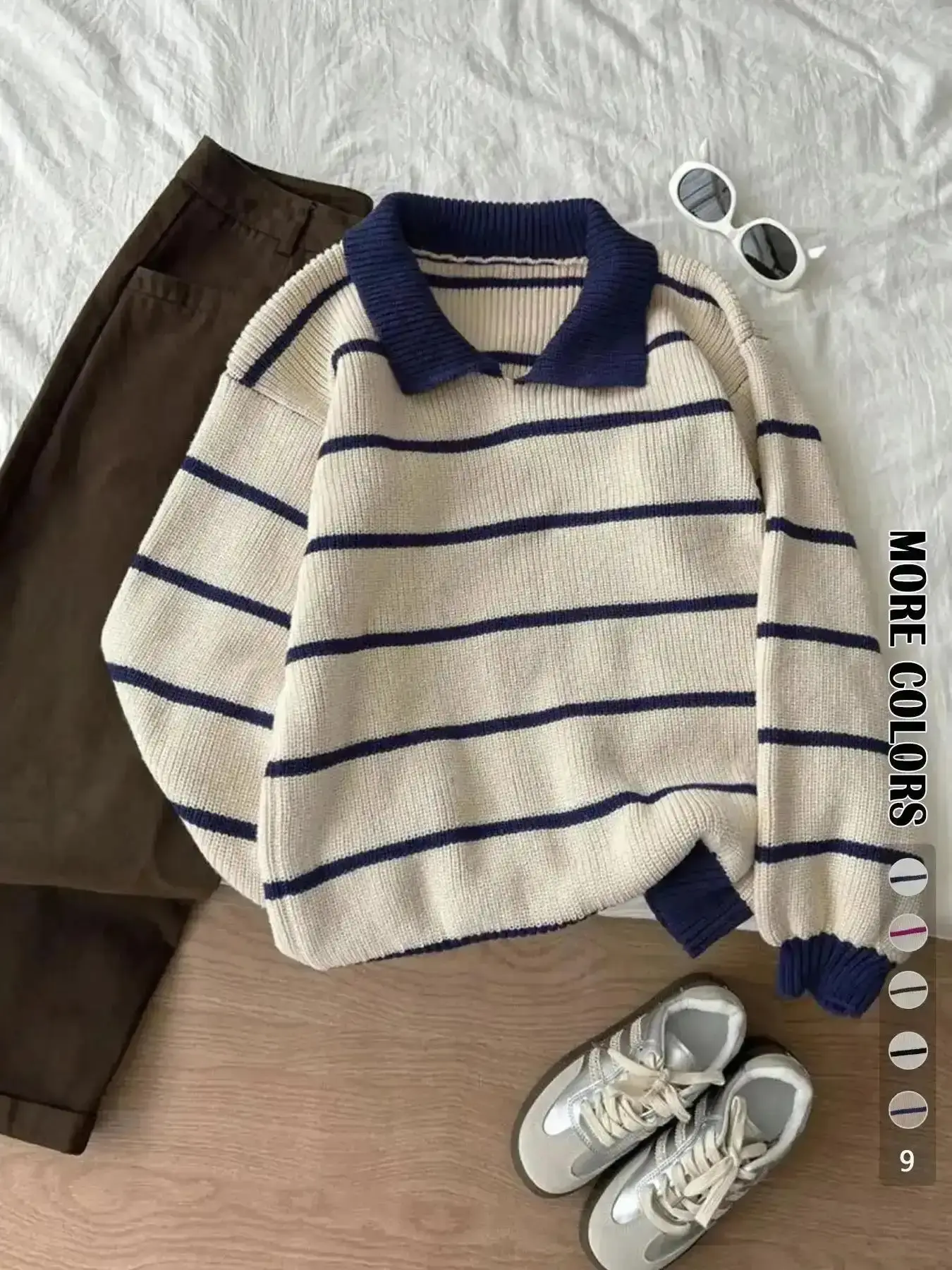Autumn Winter Striped Neck Long Sleeve Pullover Sweater, Knitted Fashionable Lazy Casual Jumper Loose Fit Knitwear, Versatile Style, Tops, Womenswear, Lady, Piece, Wardrobe Staple, Style Essential easy care