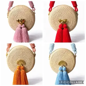 Handmade Iraca Palm Crossbody Bag with Decorative 2 Tassels Medium Chic Artisan Bag 8x8 inches Natural Fiber Handwoven Unique Accessory