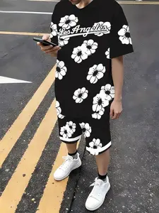 Boys' Los Angeles Floral Print Set, Casual Summer, Breathable Quick-Dry Track Shorts & Tee, Outdoor Sports Wear