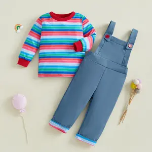 Toddler Kids Baby Boy Girl Halloween Chucky Doll Costume Long Sleeve Striped Tops Suspender Pants Cosplay Outfit Set