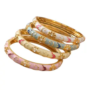 Vintage Floral Enamel Bangle, Gold-Tone Cubic Zirconia Bracelet, Elegant Sparkling Delicate Accessory for Women & Girls, Ideal for Daily Wear, Casual Outfit, Party, Holiday & All-Season Birthday Gift for Her