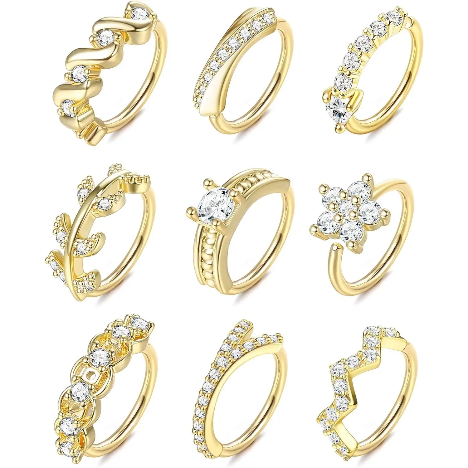 Women's 9-Pc Style Mix 316L Stainless Steel Nose Piercing Jewelry, 20G 0.8mm Gold-Silver Plated Cubic Zirconia Floral Septum Jewelry & Lip Rings for Body Piercing Use
