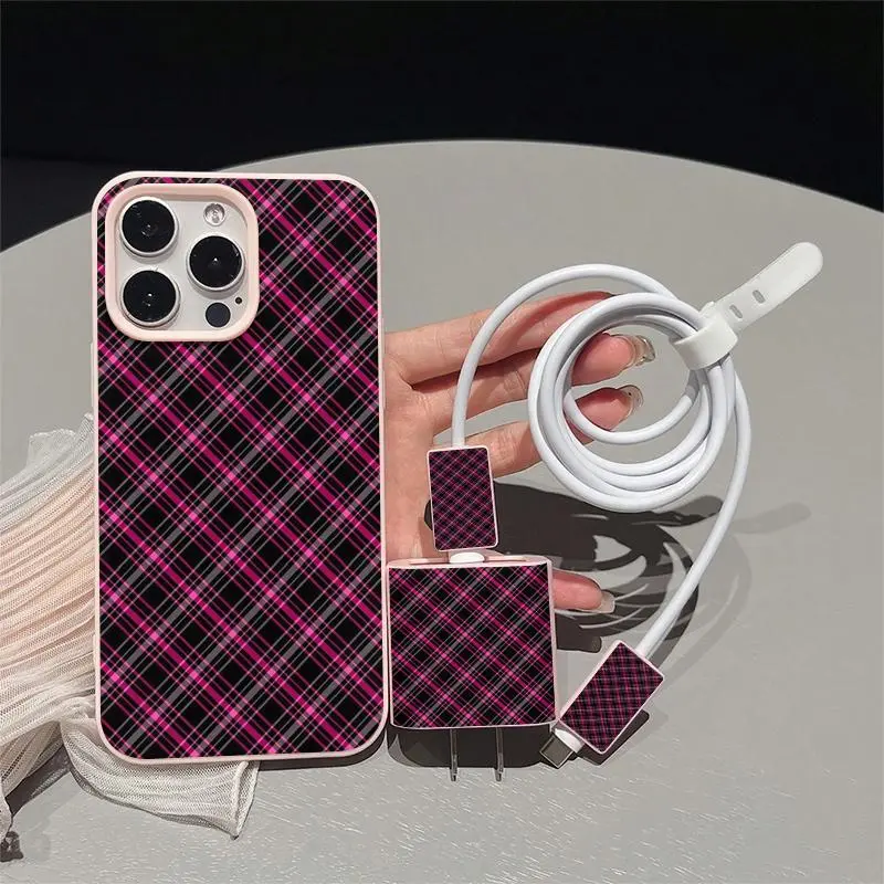 Liquid Hole iPhone Case Set, Plaid Design, Shockproof, Includes Charger Cover & Cable Protector, Fits iPhone 11-16 Series