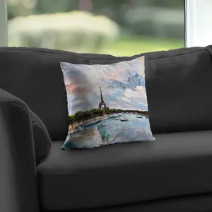 360 stand 14x14 in. Poly Twill Throw Pillow with 360-Degree Rotatable Stand, Vibrant Boats on the Seine at Paris Print, Green Decorative Cushion for Living Room Decor Soft Furnishings Textile, Durable Cushions
