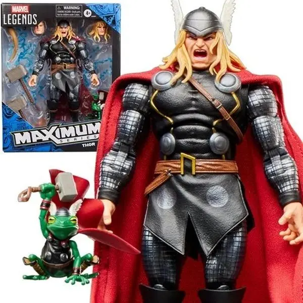 Marvel Thor 6-Inch Action Figure by Hasbro, Marvel Legends Articulated Collectible with Mjolnir Hammer, Throg, Lightning Effects, Wired Fabric Cape, Premium Display Figure for Fans