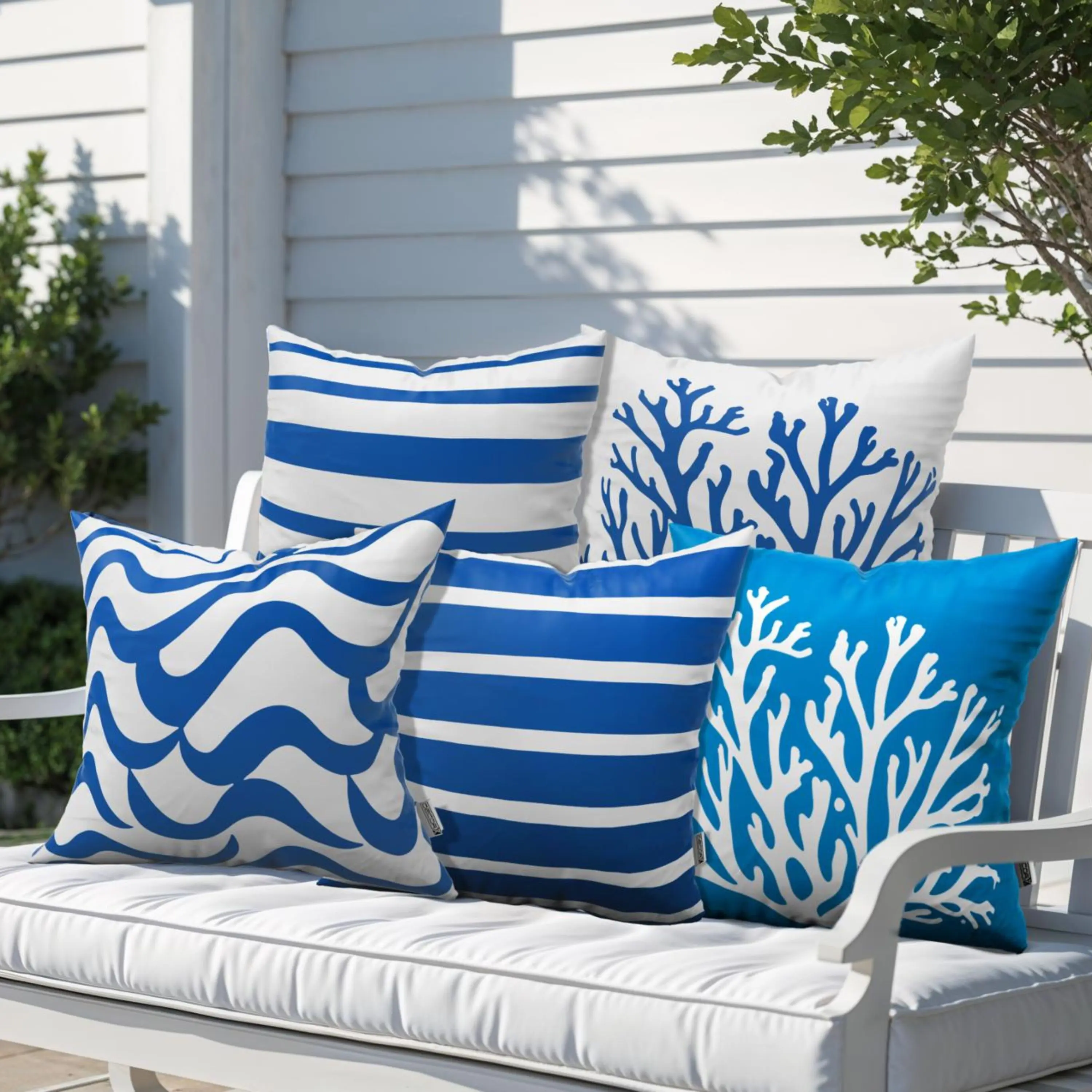 DecorX 5-Pack Coastal Outdoor Throw Pillow Covers 18x18 – Waterproof, UV-Protected, Fade-Resistant Pillow Cases with Hidden Zipper – Vibrant Blue and White Nautical Designs for Patio, Porch, or Garden
