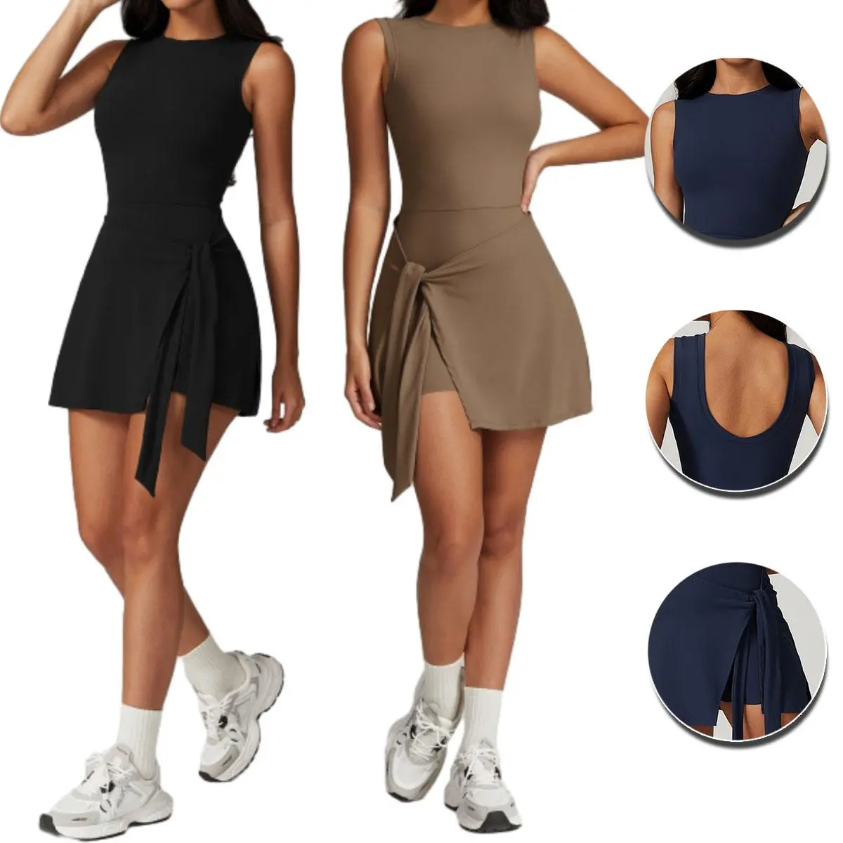 Women's Sleeveless 2-in-1 Quick-Dry Tennis Sports Dress - Romper Dress with Built-In Shorts, Tie Front, Ruffle Side Slit, Durable Fabric for Tennis, Golf, Sleeveless Athletic Dresses