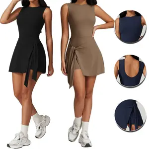 Women's 2-in-1 Quick-Dry Tennis Dress with Built-In Shorts Sleeveless Golf Athletic Romper Sundress Tie Front Ruffle Side Slit Durable Fabric