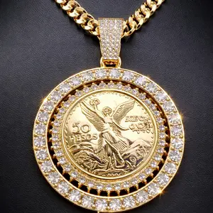 14K Gold Plated 50 Pesos 3.3″ Huge Mexican Centenario CZ Spinner - 24″ 8mm Upgraded Cuban Chain - Bling Huge Pendant - Fashion Chain Unisex Men Jewelry