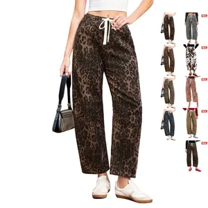 【GRAPENT Barrel Jeans Collection】Leopard Bold Barrel Jeans for Women | Pull On High Waisted Cropped Wide Leg Denim Leopard Cheetah Print Y2K Trend | All-Stage Comfort Flexible Fit