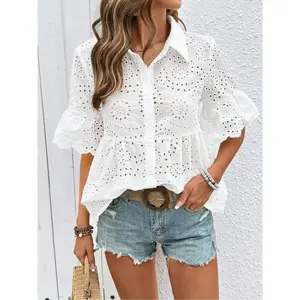 Summer hollow embroidery shirt, women's elegant summer shirt, beach and party fashionable casual topRAIMENTRY