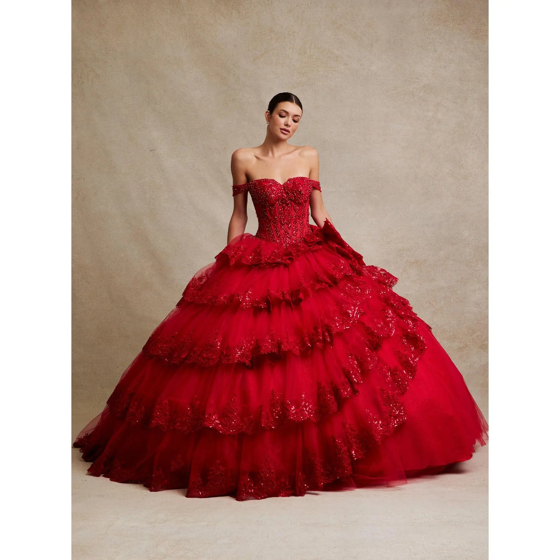 Off-the-Shoulder Layered Tulle Quinceañera Ball Gown with Embroidery & Hot Fix Details – Style SIEWF11448