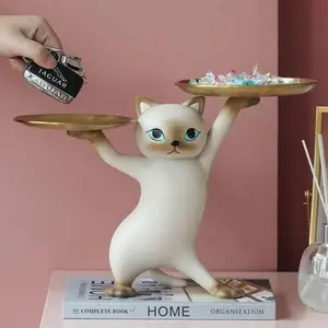 Cat Design Serving Tray Statue Cute Animal Resin Sculpture Nordic Aesthetic Decorative Storage Ornament for Living Room Bedroom Office Home Accessory