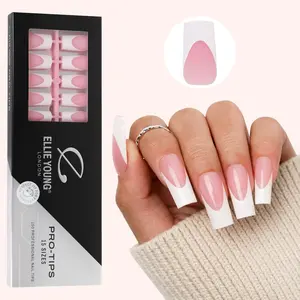 ELLIE YOUNG PRO-TIPS Long Square White French Tips with Pink Base, 150pc Press-On Nails Kit – 15 Sizes, Matte Gel Acrylic Look, Soft Gel DIY Extensions, Nail Art