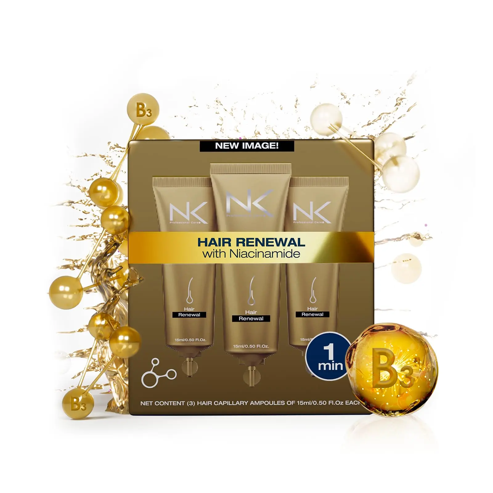 NK Professional Care Hair Renewal Ampoule with Niacinamide & Vitamin B3 - 15ml/ea, 3 Pack, Seals Split Ends, Prevents Breakage, Enhances Shine