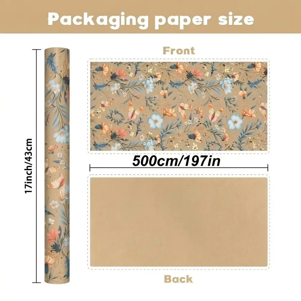 Vintage Floral Butterfly Wrapping Paper Roll, Kraft Gift Wrap, Rustic Boho Style, Ideal for Gifts, Birthdays, Holidays