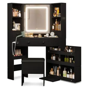Corner Makeup Vanity Set with Upholstered Storage Stool Black Corner Makeup Vanity Set with Upholstered Storage Stool Black