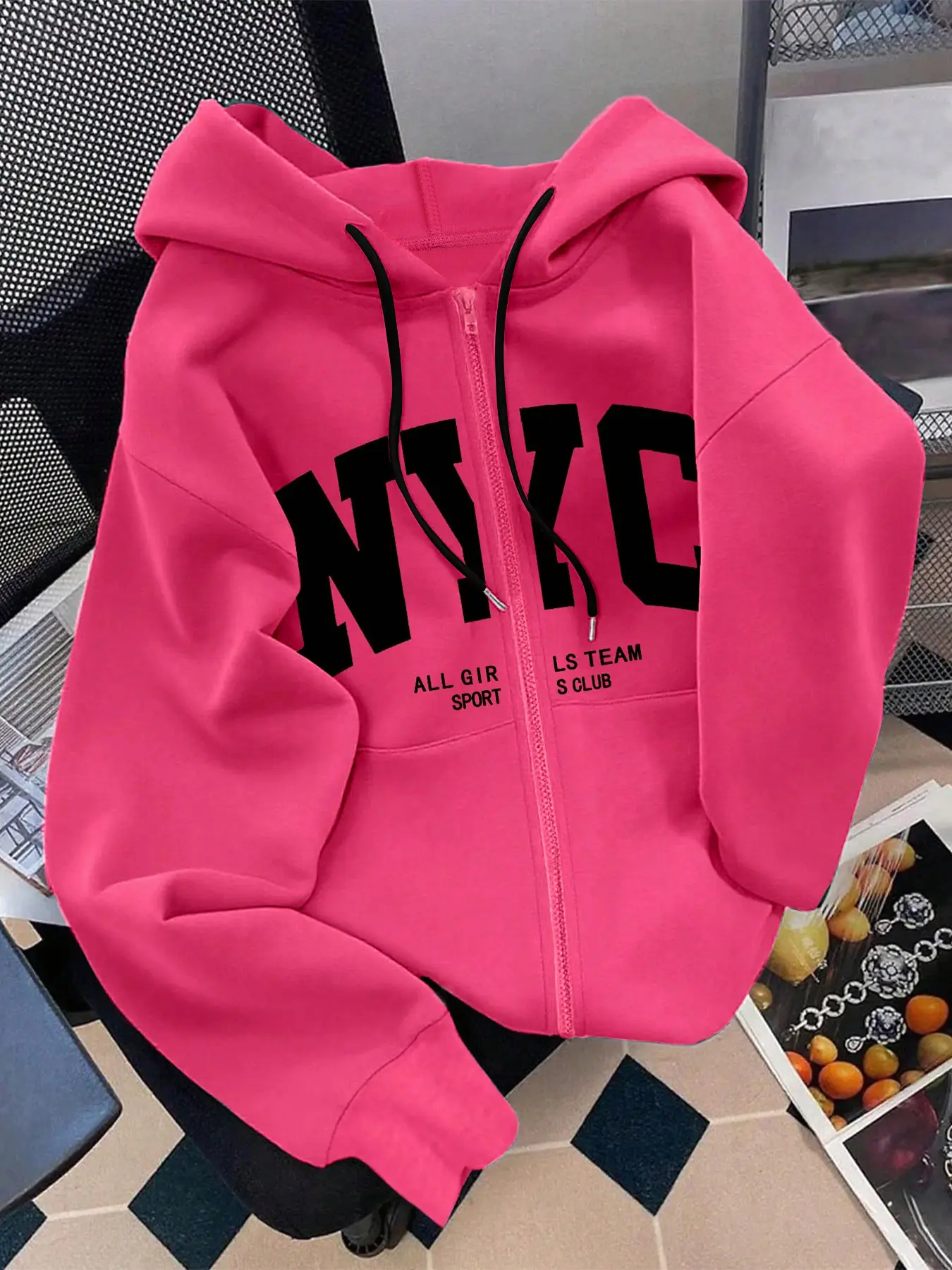 Women's Hooded Zipper Sweatshirt, Nyc Letter Print Casual Jacket, Fall & Winter Fitted Long Sleeve Pullover, Versatile Daily Wear, Womenswear, Fitted Hoodie