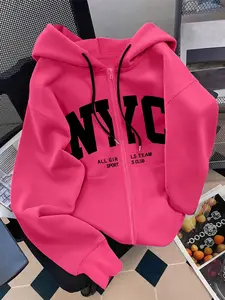 Women's Hooded Zipper Sweatshirt, Nyc Letter Print Casual Jacket, Fall & Winter Fitted Long Sleeve Pullover, Versatile Daily Wear, Womenswear, Fitted Hoodie