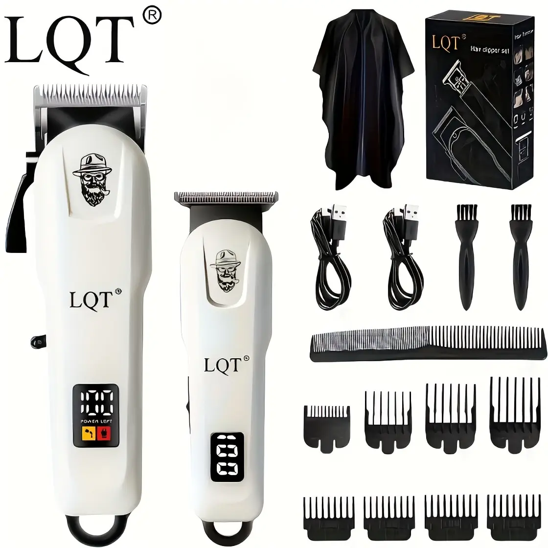 LQT Professional Hair Clipper Set, cordless hair clipper, T-shaped detail trimmer, USB charging cable, haircut cape, guide combs, professional tools for barbers