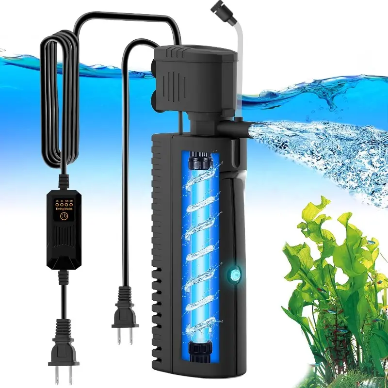 Aquarium Filter with U - V Light & Pre-Filter Sponge, Fish Tank Filter with Timer (3/6/12/24 Hours) for Green Water, Turtle Filter with Aeration for Tanks 10-40 Gallon