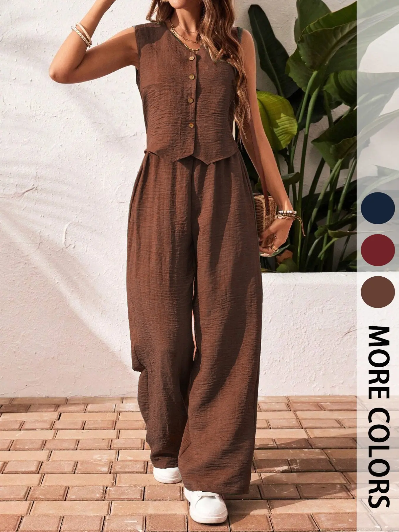 Pure Color V-Neck Front Button Sleeveless Top and Long Pants Set, Casual Basic Two-Piece Outfit, Suitable for Spring Summer Fall, Womenswear, Comfy Summer Sets