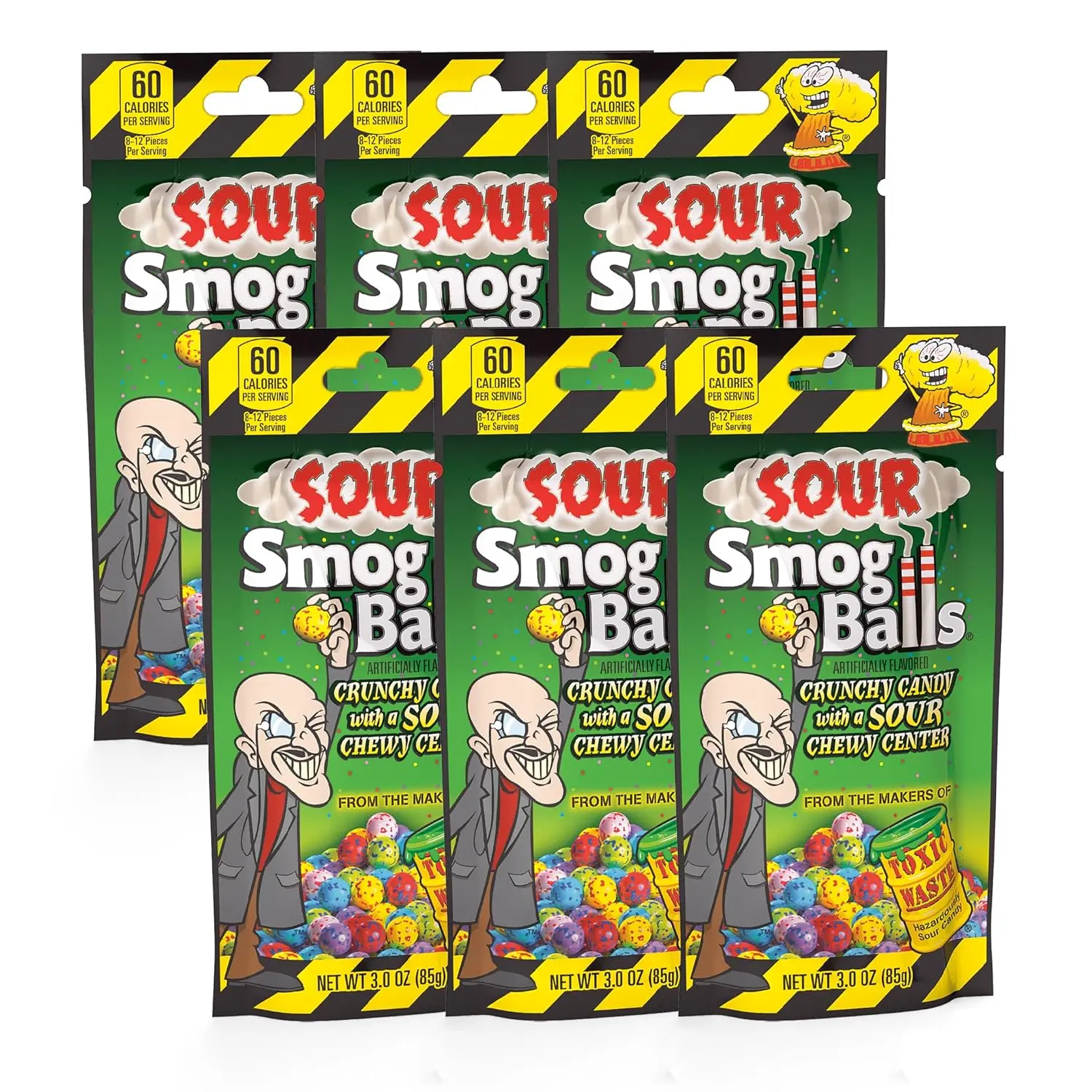 TOXIC WASTE - Sour Smog Balls - Crunchy & Chewy Sour Balls - Lime, Cherry, Strawberry, Lemon, Blue Raspberry, & Grape Flavors - 3 oz. Bags - 6-Pack